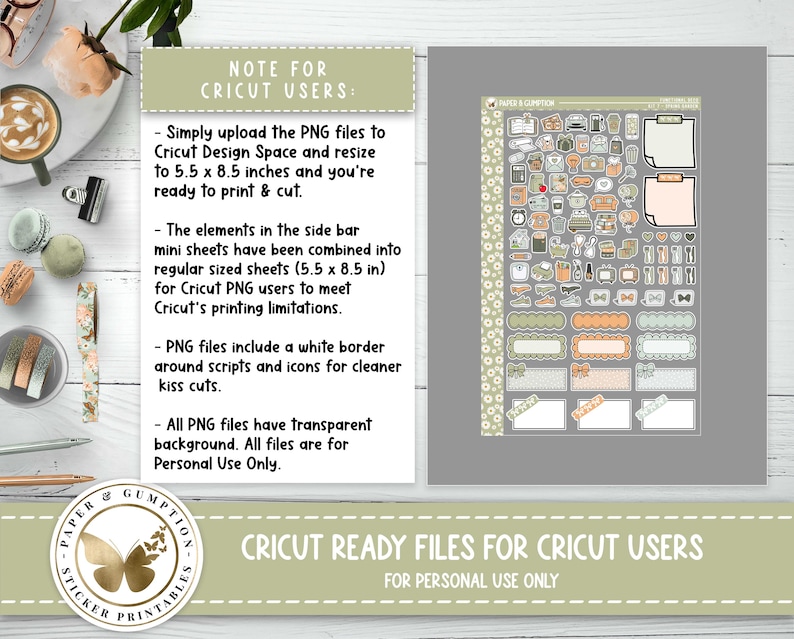 May include: A digital download of Cricut ready files for personal use only. The files include a variety of stickers with a green, brown, and white colour scheme. The stickers are designed for use with Cricut Design Space and are sized to fit 5.5 x 8.5 inches.