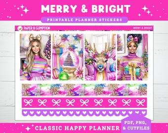 Peut inclure: Planche d'autocollants imprimables pour planificateur sur le thème de Noël. Le design présente des illustrations de femmes, une boule à neige et un renne, dans des tons de rose, de violet et d'or. Le texte "MERRY & BRIGHT" est affiché en haut.
