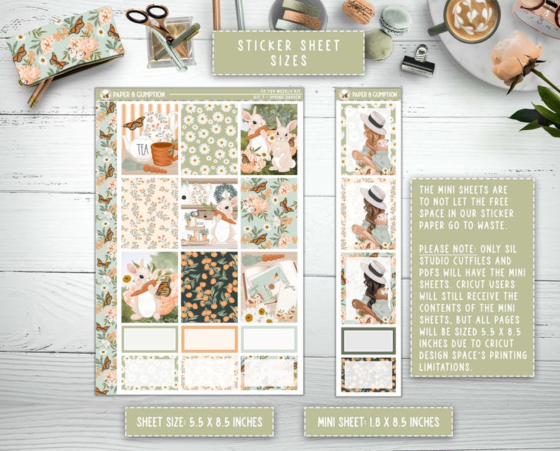 May include: A sticker sheet featuring a floral and bunny design. The sheet measures 5.5 inches by 8.5 inches. There is also a smaller mini sheet measuring 1.8 inches by 8.5 inches. The mini sheets are designed to avoid wasting sticker paper.