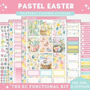 以下が含まれることがあります： パステルカラーのイースターをテーマにしたプランナーステッカーのコレクション。ステッカーには、イースターエッグ、ウサギ、花柄のイラストが描かれています。テキストには「PASTEL EASTER」と、週の曜日を示すプランナーラベルが含まれています。