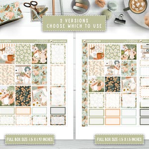 May include: Two versions of a printable planner sticker sheet with a floral and bunny theme. The sheet includes a variety of boxes and spaces for writing. The sheet is 1.5 inches by 1.97 inches.