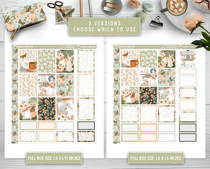 May include: Two versions of a printable planner sticker sheet with a floral and bunny theme. The sheet includes a variety of boxes and spaces for writing. The sheet is 1.5 inches by 1.97 inches.