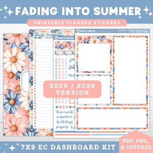 May include: A planner sticker kit with a floral design in shades of peach, blue, and white. The kit includes various sticker sheets with decorative borders, calendar elements, and space for notes. Text includes "FADING INTO SUMMER" and "7X9 EC DASHBOARD KIT".