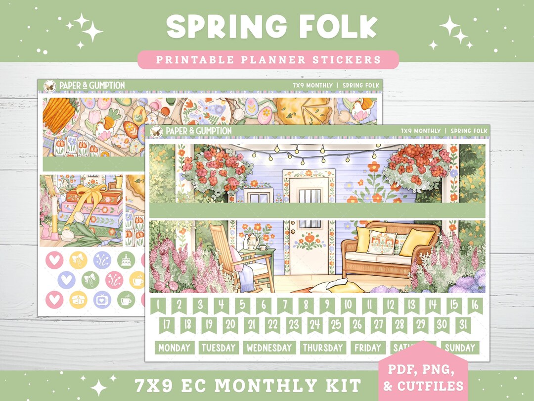 Spring Printable Planner Stickers, EC 7X9 Monthly Kit, Spring Folk ...