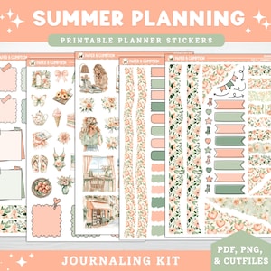 May include: A collection of printable planner stickers with a summer theme. The stickers feature illustrations of flowers, butterflies, and other decorative elements in soft pastel colors. Text on the image reads "Summer Planning" and "Journaling Kit".