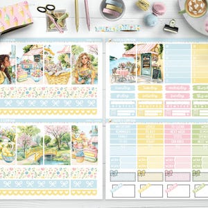 Op de afbeelding: Een set bedrukbare planner stickers met een pastelkleurenschema en bloemmotieven. De stickers bevatten secties voor dagelijkse, wekelijkse en maandelijkse planning, evenals secties voor werk, school en boodschappen. De stickers bevatten ook schattige illustraties van ijshoorntjes, bloemen en een brug.