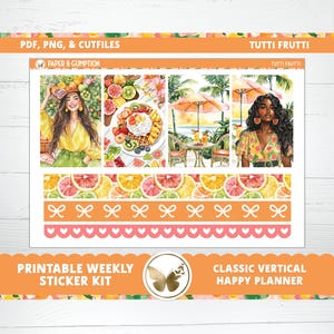 Pegatinas imprimibles para planificador, kit de pegatinas semanales, planificador feliz clásico, kit de pegatinas verticales Tutti Frutti, archivos de corte, Cricut PNG, fruta, comida, verano