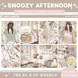 May include: Digital planner stickers with a cosy theme. The design features illustrations of pancakes, croissants, coffee, and a person wearing headphones. Text includes "Snoozy Afternoon" and "Printable Planner Stickers."