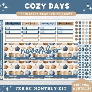 May include: A planner sticker sheet with a fall theme. The design includes stickers for Thanksgiving, Veterans Day, and Black Friday. The word "November" is written in cursive. The sheet also has pumpkin illustrations and date stickers.