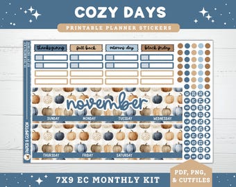 May include: A planner sticker sheet with a fall theme. The design includes stickers for Thanksgiving, Veterans Day, and Black Friday. The word "November" is written in cursive. The sheet also has pumpkin illustrations and date stickers.