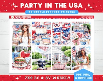 Pode incluir: Uma folha de autocolantes para planeador com tema patriótico. O design inclui ilustrações de bandeiras americanas, bolos, cupcakes e pessoas. O texto inclui "PARTY IN THE USA" e "PRINTABLE PLANNER STICKERS". Os autocolantes estão rotulados como "7X9 EC & SV WEEKLY".