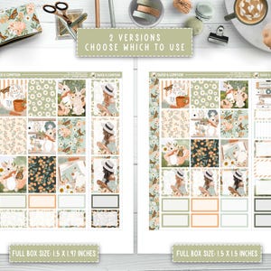May include: Two versions of a printable planner sticker sheet with a floral and teacup theme. The stickers are 1.5 inches by 1.5 inches and 1.5 inches by 1.97 inches. The stickers feature a variety of floral patterns, teacups, and bunnies.