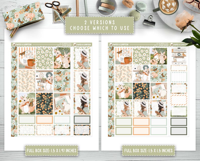 May include: Two versions of a printable planner sticker sheet with a floral and teacup theme. The stickers are 1.5 inches by 1.5 inches and 1.5 inches by 1.97 inches. The stickers feature a variety of floral patterns, teacups, and bunnies.