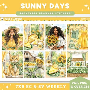 Printable Planner Stickers Weekly Sticker Kit Sunny Days Erin Condren Sticker Vertical Sticker Kit Cutfile Cricut PNG Sunflowers Summer Kit