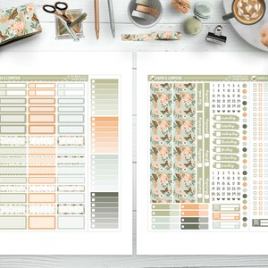 May include: A printable planner sticker sheet with a floral design in shades of green, peach, and brown. The sheet includes boxes, calendars, and checklists.
