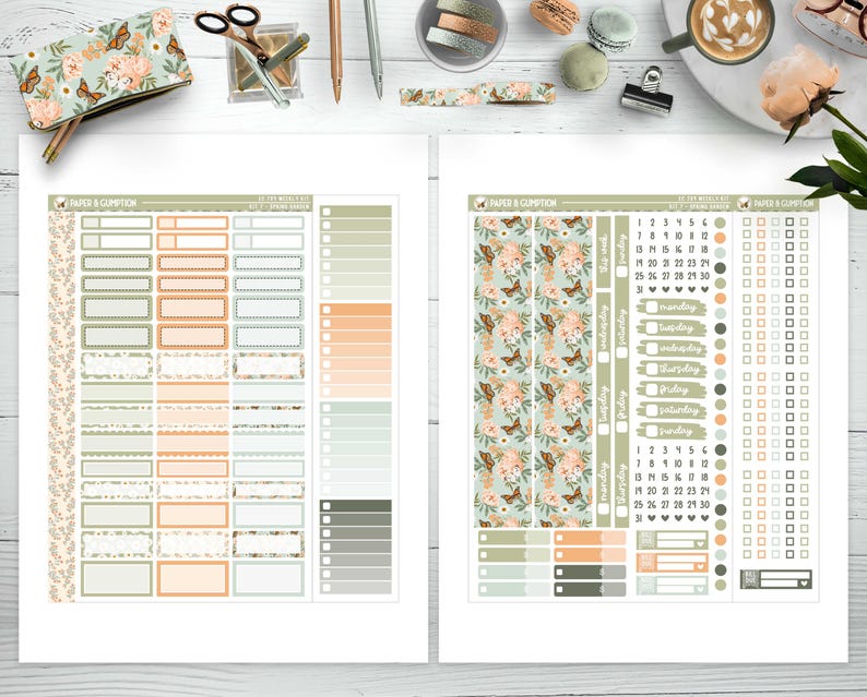 May include: A printable planner sticker sheet with a floral design in shades of green, peach, and brown. The sheet includes boxes, calendars, and checklists.