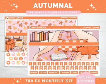 Autumn Printable Planner Stickers, EC 7X9 Monthly Kit, Autumnal, Monthly View, Erin Condren Planner, October, November, Cozy Fall, Pumpkin