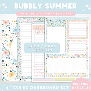 Printable Planner Stickers Kit 17 Bubbly Summer EC 7X9 Dashboard & Notes Page Kit Erin Condren PNG Cricut Cutfiles Candy Floral Summer Kit