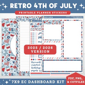 Pegatinas imprimibles para planificador del 4 de julio (2025/2026), Erin Condren, 7 x 9, página de notas y panel mensual de julio, Kit 20, Día de la Independencia de EE. UU.