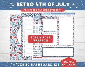 July 4th Printable Planner Stickers, 2025/2026, Erin Condren 7X9 July Monthly Dashboard & Notes Page, Kit 20, Independence Day USA Patriotic