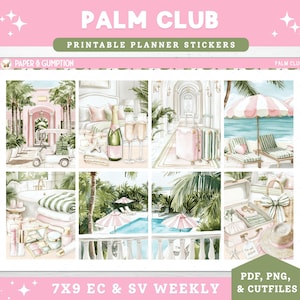 Printable Planner Stickers Weekly Sticker Kit Palm Club Erin Condren Sticker Vertical Sticker Kit Cutfile Cricut PNG Summer Resort Stickers