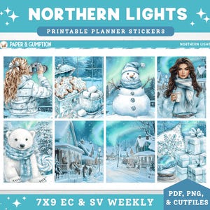 Puede incluir: Pegatinas imprimibles para planificador con temática invernal, que representan la aurora boreal, un muñeco de nieve, un oso polar y escenas invernales. Las pegatinas están etiquetadas como "Northern Lights" y "7X9 EC & SV WEEKLY". Incluye PDF, PNG y archivos de corte.