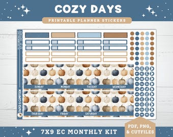 Agenda mensuel imprimable automne autocollants : Cosy Days novembre kit mensuel 29 pour Erin Condren Plan de vie 7 x 9 automne automne café livres citrouille