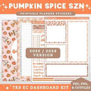Puede incluir: Un kit de pegatinas imprimibles para planificador con temática de especias de calabaza. El diseño incluye pegatinas con calabazas, tazas de café y hojas de otoño. El kit incluye una versión 2025/2026 y es para un kit de tablero EC 7x9.
