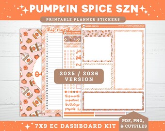 Agenda imprimable autocollants Erin Condren 2025/2026 7 x 9 octobre, tableau de bord mensuel et page de notes Kit 27 citrouille épicée automne automne kit imprimable