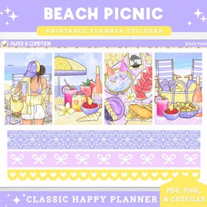 Printable Planner Stickers Weekly Sticker Kit Classic Happy Planner Beach Picnic Vertical Sticker Kit Cutfiles Cricut PNG Summer Stickers