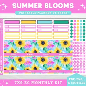 Printable Planner Stickers EC 7X9 Monthly Kit 21 August Monthly Erin Condren Life Planner PNG Cricut Cutfile Summer Blooms Floral Printable