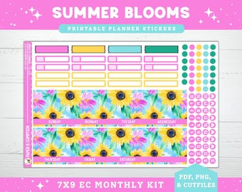 Pegatinas imprimibles para planificador EC 7X9, kit mensual, 21 de agosto, planificador mensual de Erin Condren, PNG, Cricut Cutfile, flores de verano, imprimible.