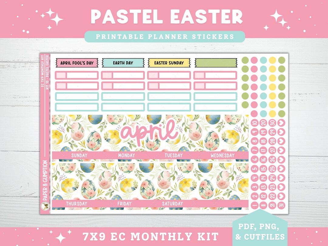 Spring Printable Planner Stickers, Pastel Easter, April, 7x9 Monthly ...