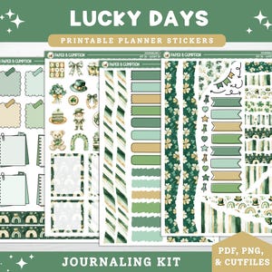May include: A collection of printable planner stickers with a St. Patrick's Day theme. The stickers feature shamrocks, rainbows, leprechauns, and other festive elements in shades of green, tan, and white. The text "LUCKY DAYS" and "JOURNALING KIT" are visible.