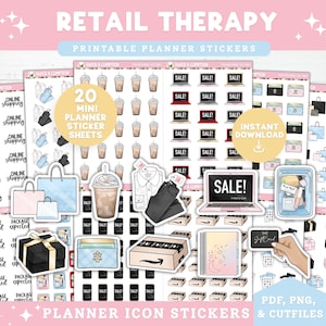 May include: Planner stickers with a retail theme, featuring shopping bags, laptops displaying "SALE!", coffee cups, and gift boxes. The text "RETAIL THERAPY" and "PRINTABLE PLANNER STICKERS" are at the top of the image.