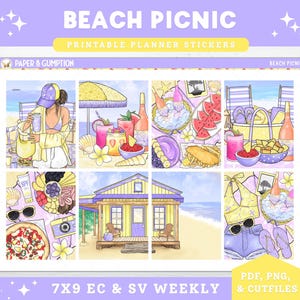 Printable Planner Stickers Weekly Sticker Kit Beach Picnic Erin Condren Sticker Vertical Sticker Kit Cutfile Cricut PNG Summer Stickers