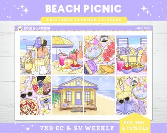 Printable Planner Stickers Weekly Sticker Kit Beach Picnic Erin Condren Sticker Vertical Sticker Kit Cutfile Cricut PNG Summer Stickers
