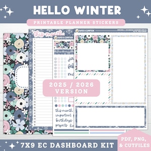 Puede incluir: Un kit de pegatinas para planificador con temática invernal. El kit incluye varias hojas de pegatinas con patrones florales, diseños de calendario y elementos decorativos. El texto "HELLO WINTER" y "2025 / 2026 VERSION" son visibles.
