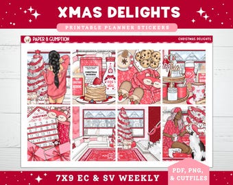 Pegatinas imprimibles navideñas para planificadores, Delicias navideñas acogedoras, Kit semanal de diciembre para planificadores verticales Erin Condren, EC 7x9, Café, Dulces
