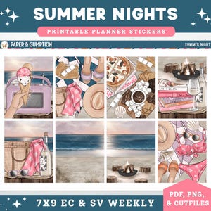 Printable Planner Stickers Weekly Sticker Kit Summer Nights Erin Condren Sticker Vertical Sticker Kit Cutfile Cricut PNG Summer Stickers