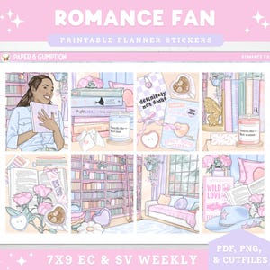 Printable Planner Stickers Weekly Sticker Kit Romance Fan Erin Condren Sticker Vertical Sticker Kit Cutfile Cricut PNG Book Stickers Reader
