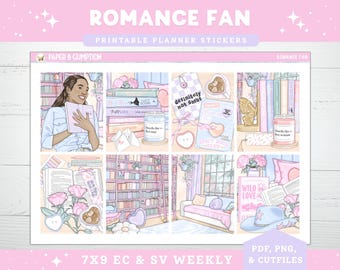 Printable Planner Stickers Weekly Sticker Kit Romance Fan Erin Condren Sticker Vertical Sticker Kit Cutfile Cricut PNG Book Stickers Reader