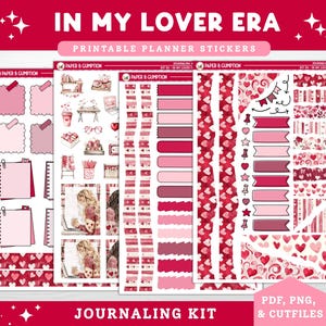 May include: Printable planner stickers with a romantic theme. The stickers feature shades of pink and red, with hearts, banners, and journaling elements. The text "IN MY LOVER ERA" and "JOURNALING KIT" are displayed. Includes PDF, PNG, and cut files.