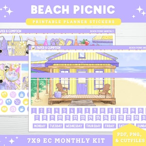 Printable Planner Stickers EC 7X9 Monthly Kit Beach Picnic Monthly View Erin Condren Life Planner PNG Cricut Cutfile Summer Beach Stickers