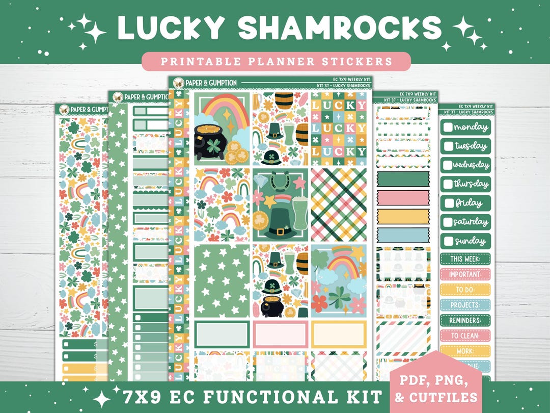 St Patricks Printable Planner Stickers, Lucky Shamrocks, EC Weekly, Kit ...