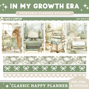 Printable Planner Stickers Classic Vertical Happy Planner Weekly Kit In My Growth Era PNG Cricut Cutfile Spring Floral Writer Books Planning