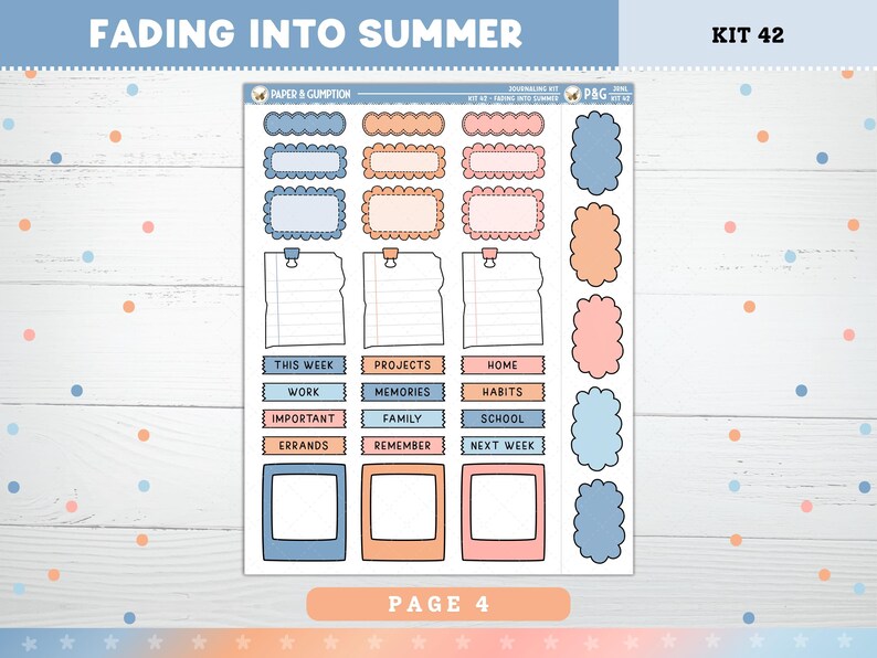 May include: A sheet of planner stickers with a summer theme. The stickers include various shapes, frames, and labels in pastel colors like blue, peach, and pink. Text on the stickers includes "Fading Into Summer," "This Week," "Projects," and "Page 4."