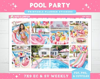 May include: A sheet of planner stickers with a "Pool Party" theme. The stickers feature illustrations of a pool, a flamingo float, drinks, and a waterslide. Text includes "Pool Party," "Printable Planner Stickers," and "7X9 EC & SV Weekly."