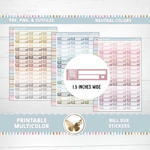 Bill Due Planer Aufkleber Funktions-Deco-Schnittdateien PNG Cricut Neutral Pastell Minimal gedeckte Farben Expense Trackers Multicolor