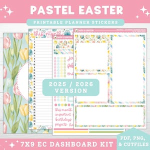 Puede incluir: Un kit de pegatinas para planificador con temática de Pascua en tonos pastel. El kit incluye varias hojas de pegatinas con diseños florales y geométricos, y el texto "PASTEL EASTER". El kit es un kit de tablero 7x9 EC.